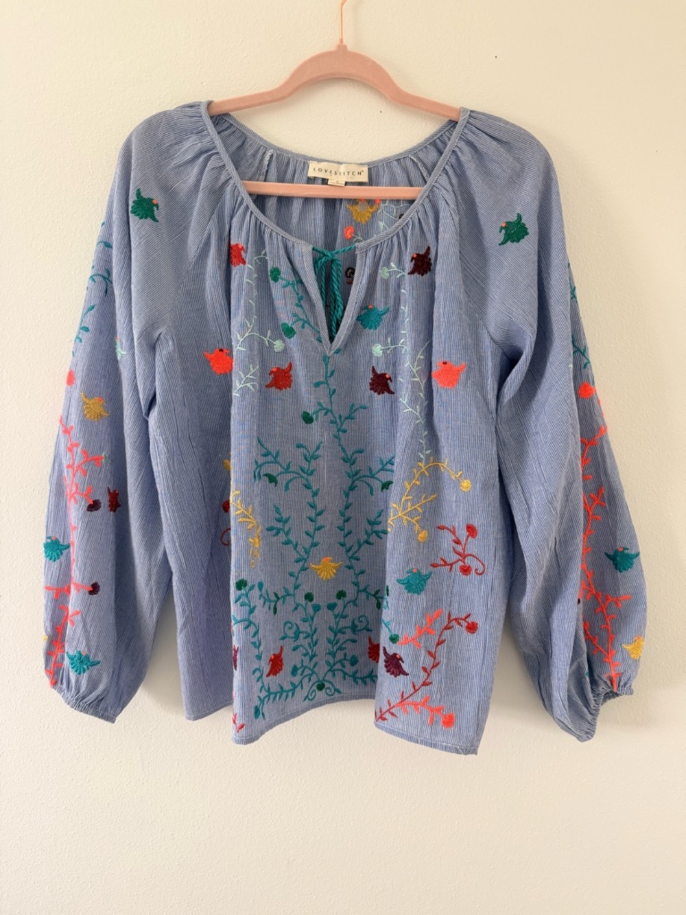 Lovestitch Boho Folk Pinstripe Cotton Floral Embroidered Peasant Blouse small